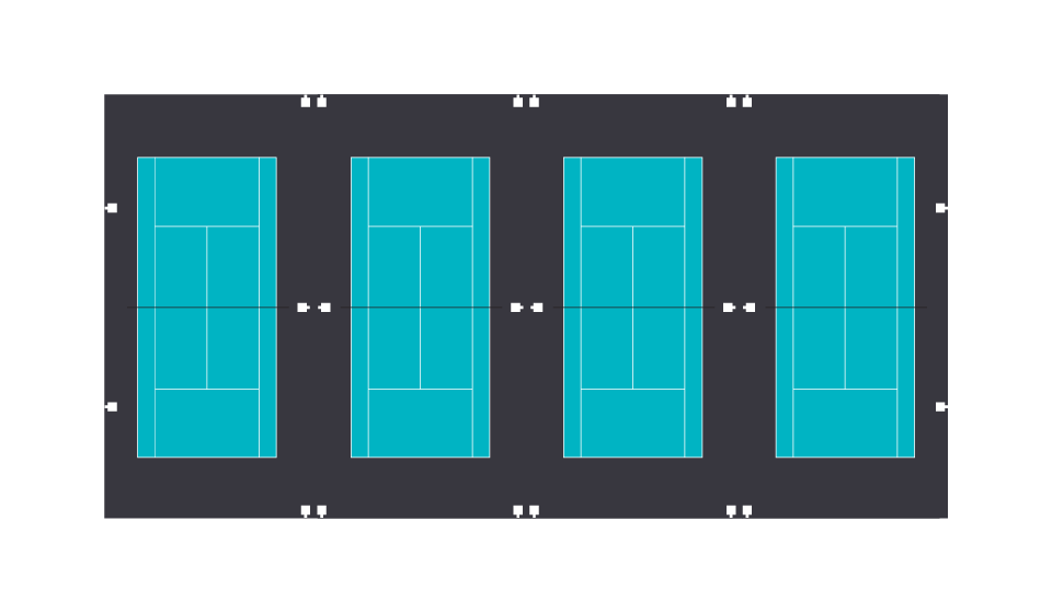 Diagram of a quad tennis court lighting hybrid layout with thirteen poles and twenty-two luminaires