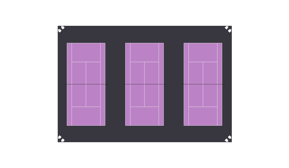 Diagram of a triple tennis court lighting layout with a high pole scheme, featuring four poles, each equipped with two luminaires