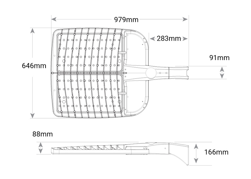 Technical drawing of the OSQ-C XL DA lighting fixture, showing dimensions of 979mm by 646mm, with a side profile indicating depth measurements of 91mm and 166mm, including a 283mm direct mount extension