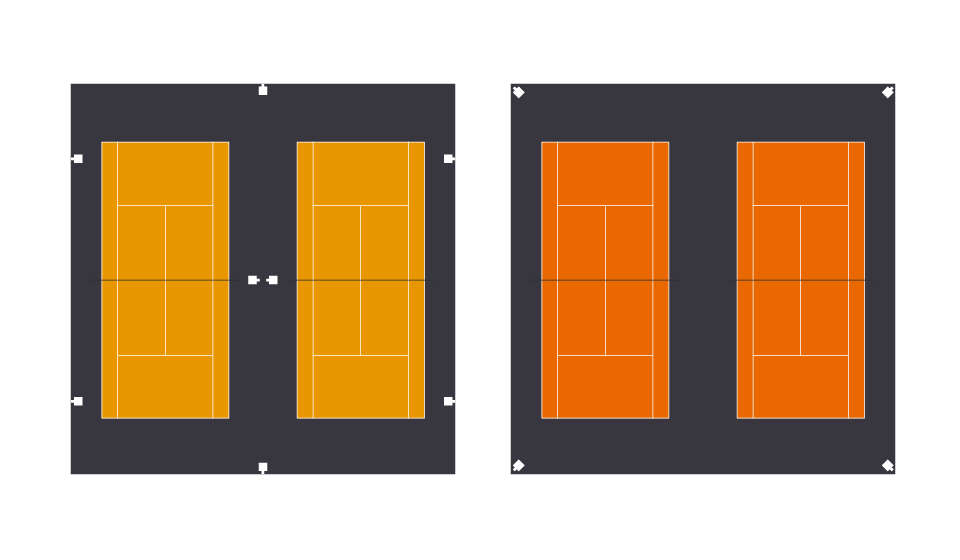 Diagram of a double hybrid and high pole tennis court lighting layout 