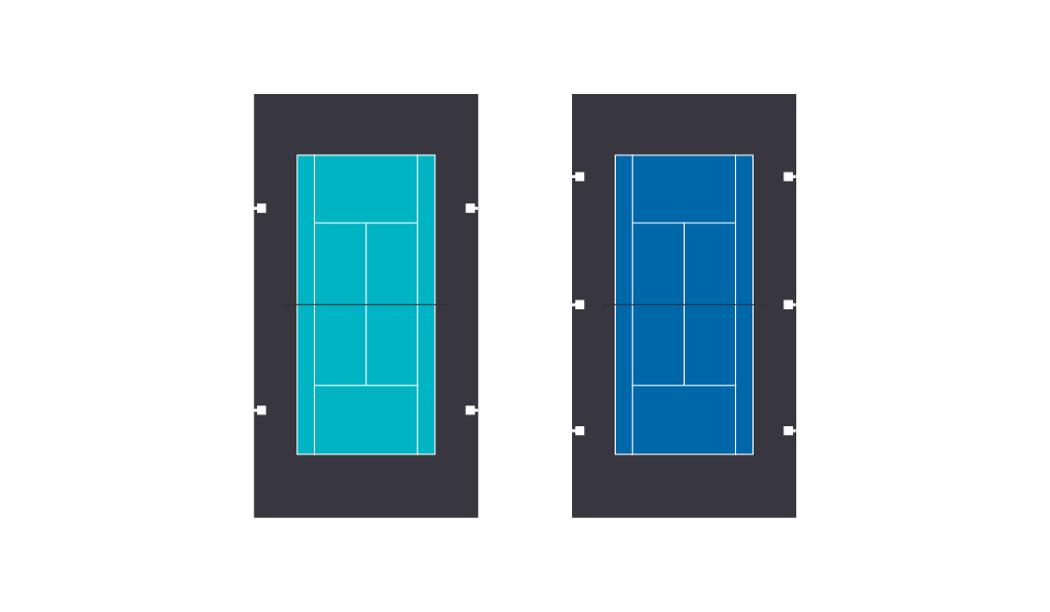 Diagram of a single tennis court lighting layout featuring four and six luminaires and poles 